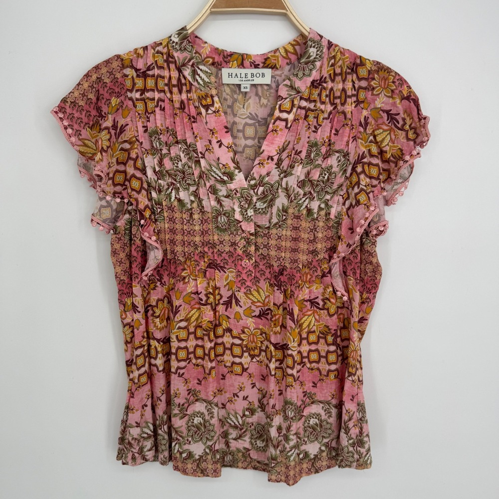 Hale Bob Esme Pintuck Top XS Pink Floral Boho Flutter Sleeve V-Neck Blouse